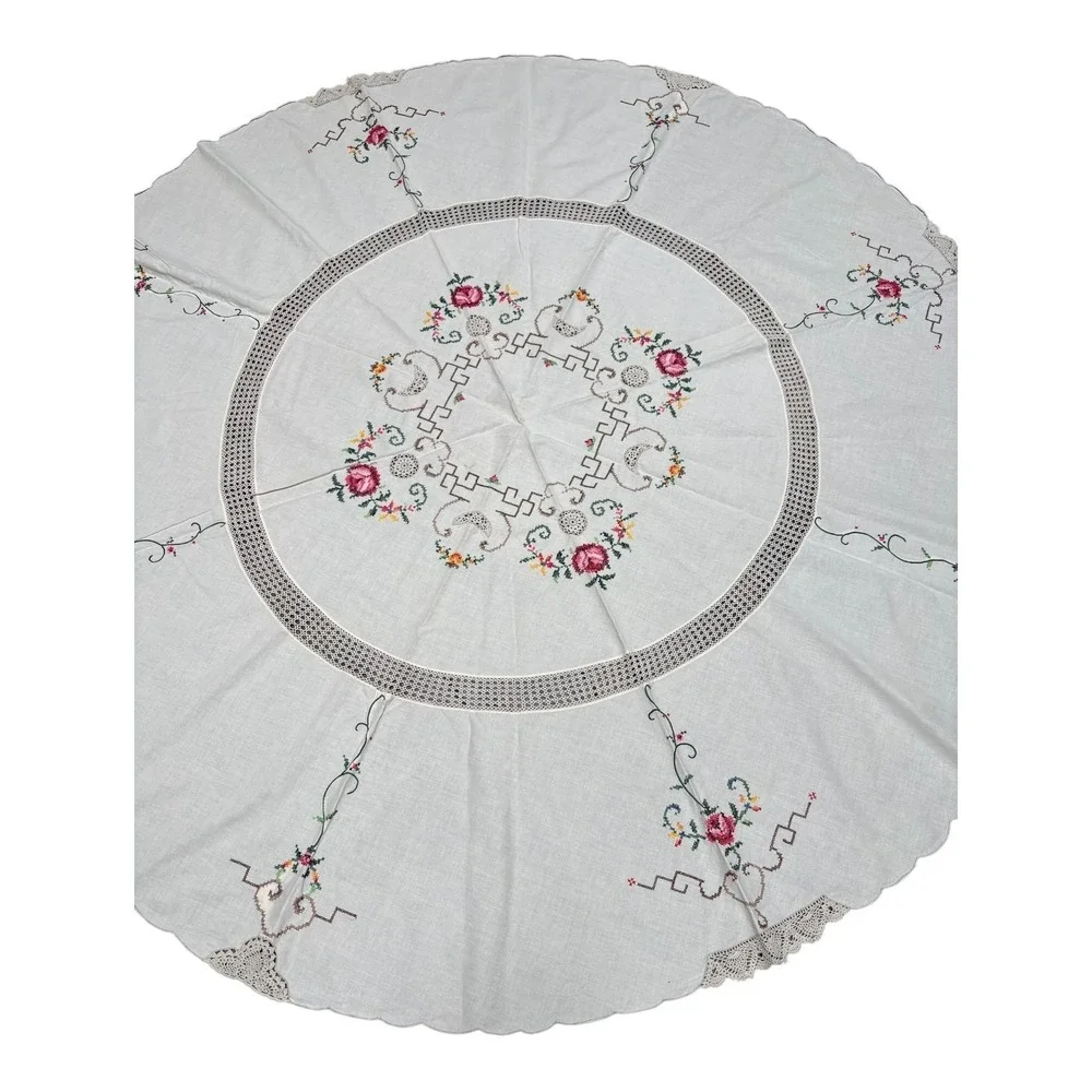 Vintage Round White Hand Embroidered Floral Crochet Lace Tablecloth 64in‎